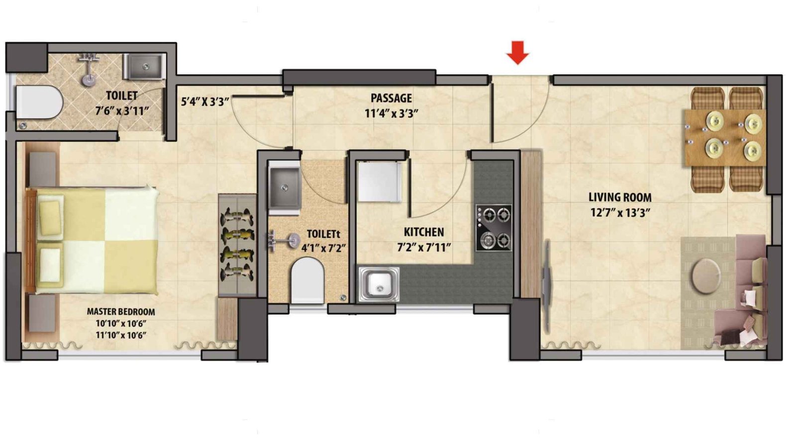 Shreeji-Serenity-Floor-plan-1BHK-Wing-B-491-Sqft